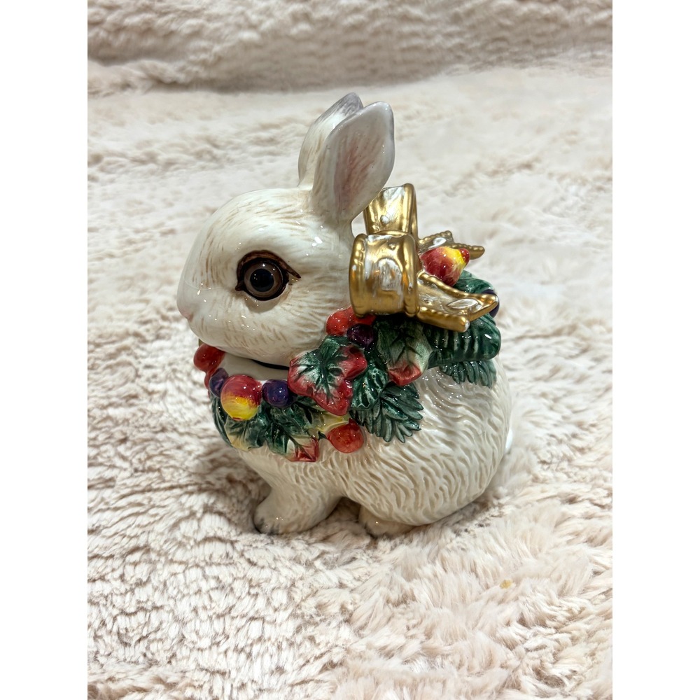Vintage Fitz and Floyd Ceramic Bunny Rabbit Trinket Box Holiday Garland Gold Bow